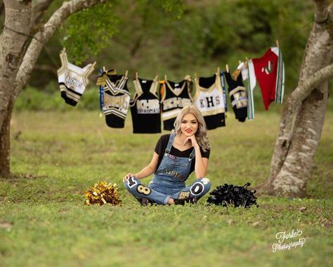 All Star Cheer Senior Pictures, Senior Pictures With Dance Costumes, Cheerleader Senior Photos, Unique Senior Pictures Softball, Senior Pics With Jerseys, Jersey Senior Pictures Photo Ideas, Senior Picture Ideas Gymnastics, Senior Jersey Pictures, Fun Senior Picture Ideas 2023