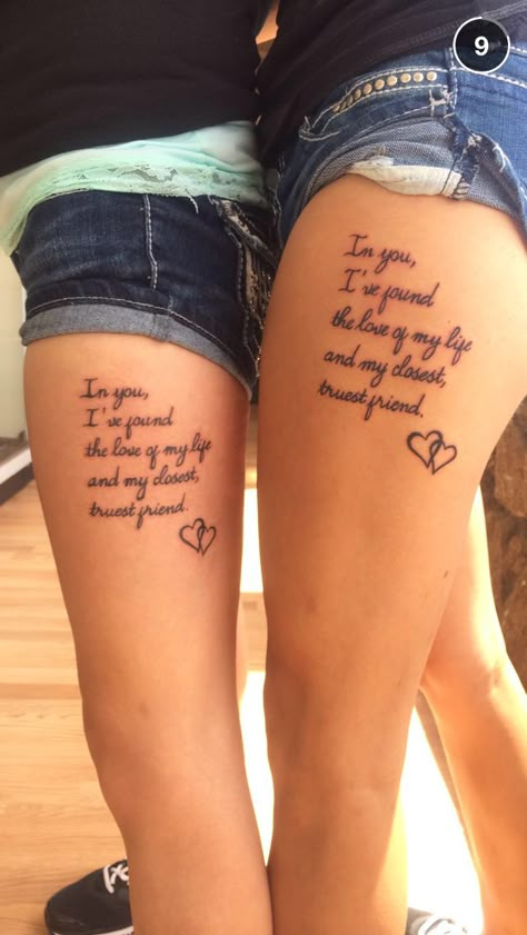 BFF tattoos. Matching Thigh Tattoos Best Friends, Meaningful Bestie Tattoos, Best Friend Thigh Tattoos, First Love Yourself Tattoo, Bff Tattoos Unique, Tattoos For Besties, Best Friend Tattoo Quotes, Bestie Tattoos Unique, Tattoo Ideas For Best Friends