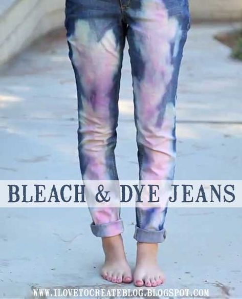 If you have a pair of jeans with a stain or just want to try a totally unique look that's all your own.... Diy Jeans Refashion, Bleach Jeans Diy, Bleach Dyed Jeans, Diy Denim Shorts, Dyed Jeans, Jeans Refashion, Diy Dye, Diy Jeans, Dye Jeans