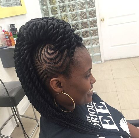 Black Hair Styles Braids, Goodness Braids, Goddess Braids Crochet, Twist Mohawk, Styling Undercut, Undercut Braids, Twist Hairstyles For Natural Hair, Mohawk Braid Styles, Cornrow Mohawk