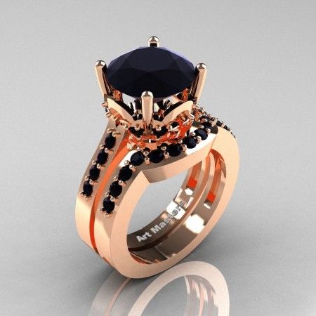 Classic 14K Rose Gold 3.0 Carat Black Diamond Solitaire Wedding Ring Set R301S-14KRGBD Solitaire Wedding Ring Set, Engagement Ring Wedding Band Set, Engagement Rings Wedding Bands Set, Black Diamond Solitaire, White Diamond Rings Engagement, Diamond Sapphire Engagement Ring, Sapphire Diamond Engagement, Black Gold Ring, Sapphire Wedding Rings