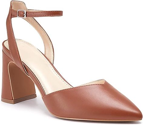 Amazon.com | Juliet Holy Womens Closed Toe Heels Chunky Block Heel Ankle Strap Pumps Slingback Heeled Sandals Brown | Heeled Sandals Brown Heeled Sandals, Brown Sandals Heels, Fall Heels, Brown Pumps, Heels Chunky, Closed Toe Heels, Chunky Heel Pumps, Sandals Brown, Ankle Strap Pumps