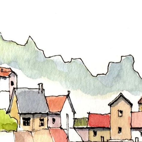 Fineliner And Watercolour, Watercolor And Pen Art Landscape, Simple Urban Sketching, Watercolor And Ink Paintings, Pen And Wash Watercolour Ink Drawings, Watercolor Perspective, Line And Wash Watercolor Sketches, Quiet Drawing, Drawings Of Houses