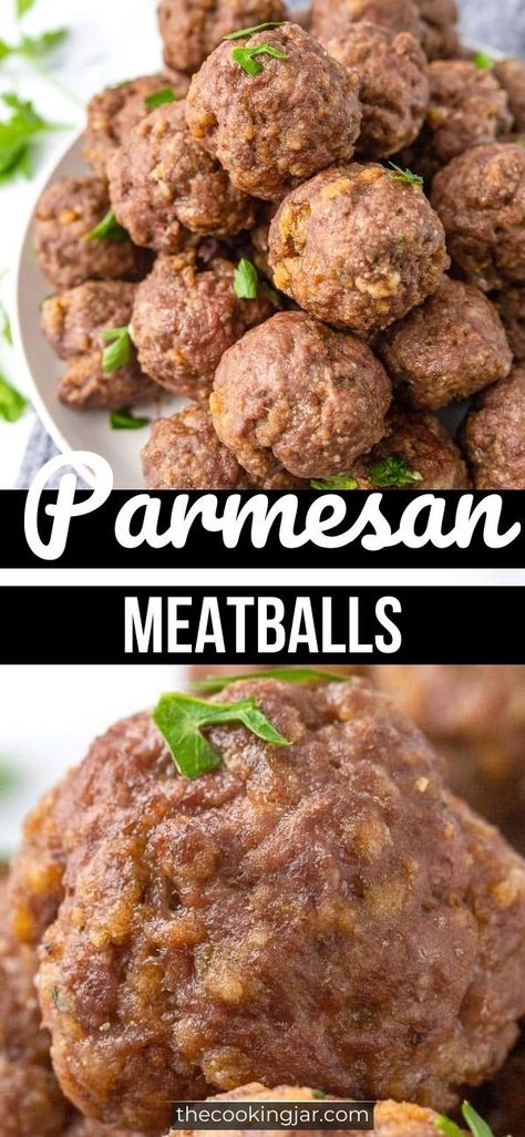 This baked Parmesan meatballs recipe makes a huge batch of flavorful and delicious homemade meatballs for the whole family. Pair them with some pasta for a satisfying spaghetti and meatballs meal, bake them in a comforting meatball casserole or cheesy meatball skillet, make some sloppy meatball subs, or freeze them for another day. Meatball Parmesan, Homemade Healthy Meatballs, Kids Meatball Recipe, Homemade Meatballs For Spaghetti, Meatballs For Spaghetti, Baked Meatballs, Crockpot Meatballs Marinara, Chicken Meatball Parmesan Bake, Air Fryer Meatballs For Spaghetti