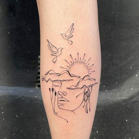 Sunshine And Cloud Tattoo, Sky Aesthetic Tattoo, Day Dreaming Tattoo, Angel Clouds Tattoo, Sun Patchwork Tattoo, Sunrise Line Tattoo, Burning Sun Tattoo, Cloudy Mind Tattoo, Pink Clouds Tattoo