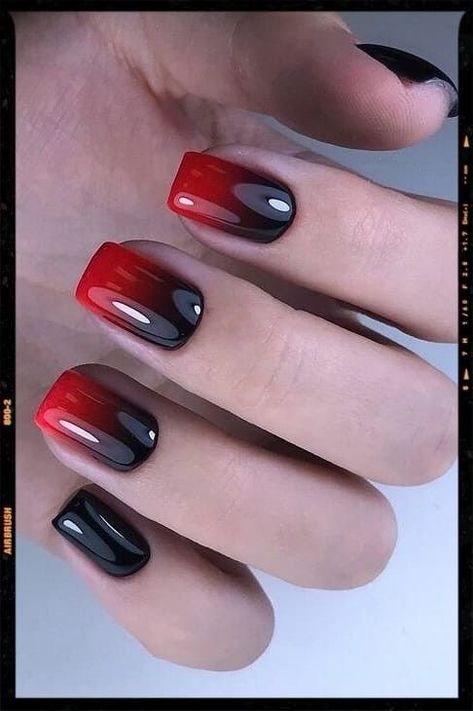 Nails Ombre Red Black, Black Red Gel Nails, Ambre Nails Ombre Red And Black, Black With Red Tip Nails, Black And Red Ombre Nails Short, Ombre Nails Black And Red, Short Nail Designs Black And Red, Red And Black Nails Acrylic Short, Black And Red Short Nails Ideas