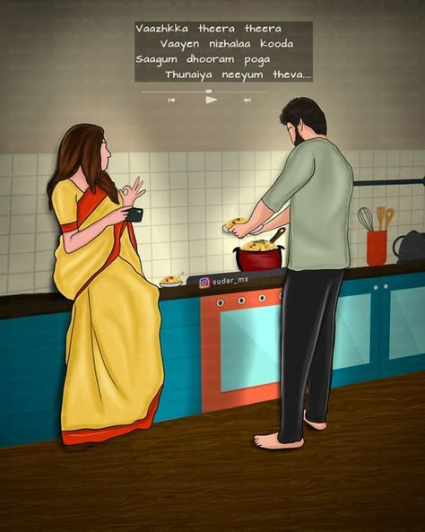 Couple Wallpaper Quotes, South Indian Couple Illustration, Couples Illustration Art, Indian Couple Drawing Art, Couples Art Painting, Indian Couple Art, Indian Couple Painting Romantic, Tiktok Lyrics, Couple Illustrations