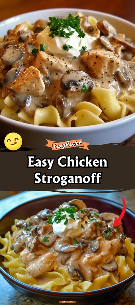 Whip up a comforting meal with our Easy Chicken Stroganoff, featuring tender strips of chicken and mushrooms smothered in a creamy, savory sauce. Serve over noodles or rice for a hearty family favorite. #ChickenStroganoff #ComfortFood #QuickMeals Rotisserie Chicken Stroganoff, Grilled Chicken And Noodles, Stroganoff Recipe Chicken, Creamy Chicken Stroganoff With Mushrooms, Rotisserie Chicken And Mushroom Recipes, Chicken Stroganoff Recipe Easy, Chicken Strip Recipes Easy Dinners, Chicken Stroganoff Crock Pot, Ground Chicken Stroganoff