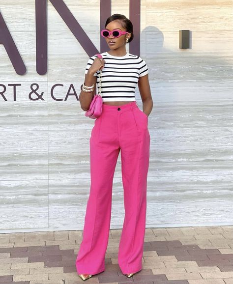 Lunch Outfit Ideas Classy Chic Casual, Trousers Outfit Black Women, Modest Spring Outfits Black Women, Pink Party Outfits For Women, Pink Work Outfit Office Style, Pink Corporate Outfit, Black White Pink Outfit, Pink Trousers Outfit Classy, Pink Trousers Outfit Casual