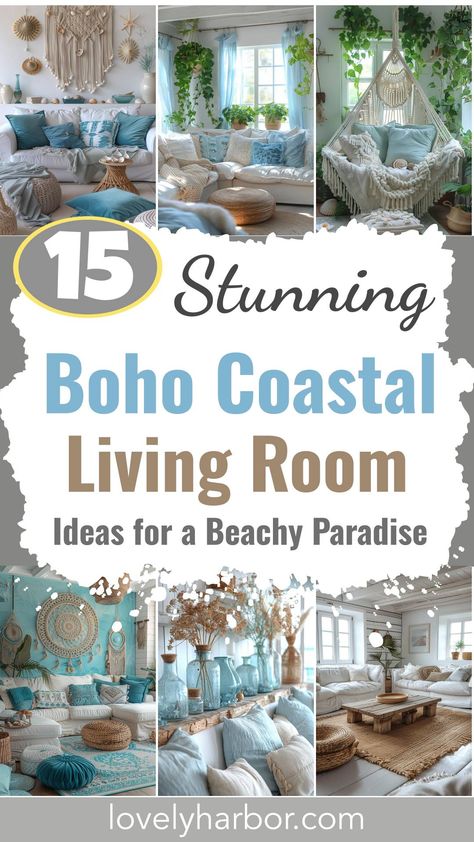 Transform your beach house effortlessly with these stunning boho coastal living room ideas! Embrace casual, breezy decor, eclectic furniture, natural textures, coastal colors, seashell accents, woven rugs, relaxed vibes, serene atmosphere, and ocean-inspired art. Experience the ultimate seaside haven today. Start your coastal living transformation now! #BohoLiving #BeachyDecor #CoastalVibes #CoastalLivingRoom #BohoCoastalLivingRoom Eclectic Coastal Cottage, French Beach Cottage Decor, Boho Ocean Decor, Beach House Decor Colorful, Simple Coastal Living Room, Small Lake Cottage Interiors Living Room, Beach House Interior Design Boho, Ocean Inspired Interior Design, Boho Beach Decor Living Room