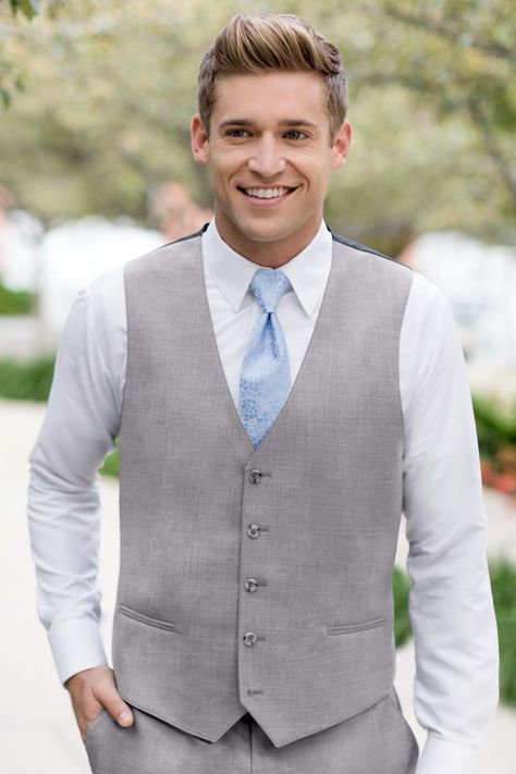 Heather Grey Clayton Vest | Jim's Formal Wear Grey Vest Outfit, Suit Vest Outfits, Grey Suit Vest, Allure Men, Slim Fit Suit Pants, Tuxedo Accessories, Gray Vest, Light Grey Suits, Formal Vest