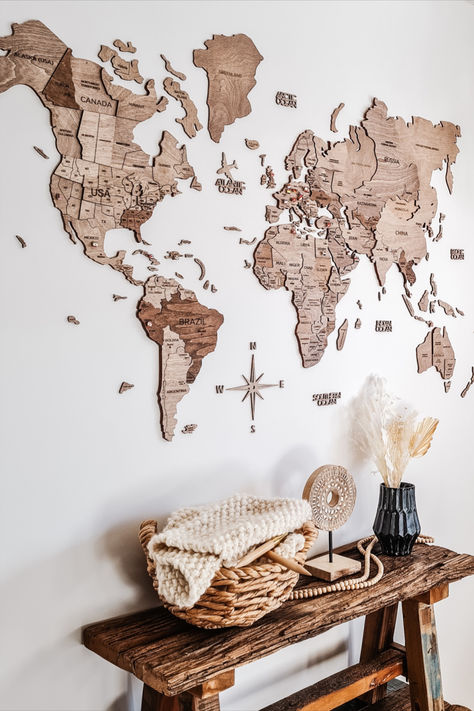 Wooden Map can completely transform your place or add cozy accents. Why choose the Wooden Map among all types of wall decor?  - Versatility. Maps from natural colors collection will suit almost any interior.  - Diversity. We have a wide range of colors and sizes, so everyone will find something for themselves.  - A product with senses. To dream, to learn, to remember, to start conversations, to surprise, to inspire, to play. All in one idea.  #woodenworldmap #worldmap #homedecor #decor 3d World Map, Wood Minimalist, Wooden World Map, World Map Wall Decor, Wood World Map, 3d World, Wooden Map, Map Wall Decor, Christmas Gifts For Couples