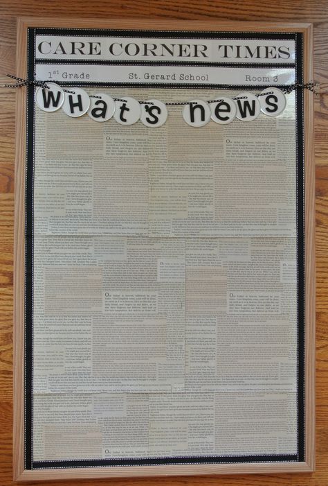 What's News? - "newspaper" bulletin board - small framed cork board with newspaper heading and newsprint background (scrap booking paper) for class info, current events, pics or any "news". Marquee Bulletin Board Ideas, Plc Bulletin Board, Newspaper Classroom Theme, Journalism Bulletin Board Ideas, Newspaper Display Ideas, Classroom News Bulletin Board, Current Events Bulletin Board Ideas, Newspaper Bulletin Board Ideas, School News Bulletin Board Ideas