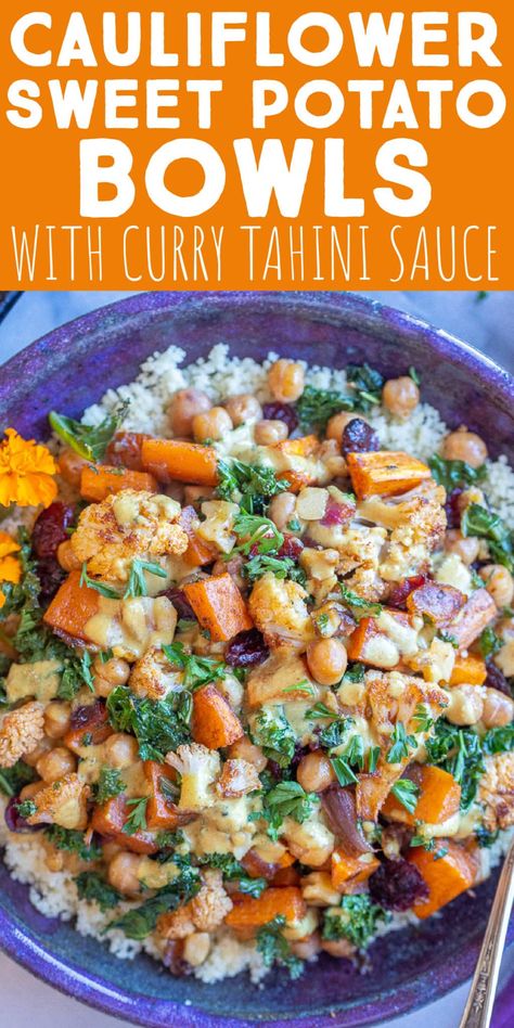 Cauliflower And Sweet Potato Recipes, Cauliflower Sweet Potato Recipes, Quinoa Sweet Potato Bowl, Sweet Potato Quinoa Bowl, Hearty Bowls, Cauliflower Sweet Potato, Sweet Potato Cauliflower, Veggie Bowl Recipe, Quinoa Curry