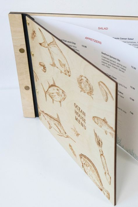 Menu Binding Ideas, Wooden Menu Cover, Wooden Menu Holder, Menu Book Design, Wooden Menu Board, Engraving On Wood, Menu Cover Design, Check Presenters, Wood Menu