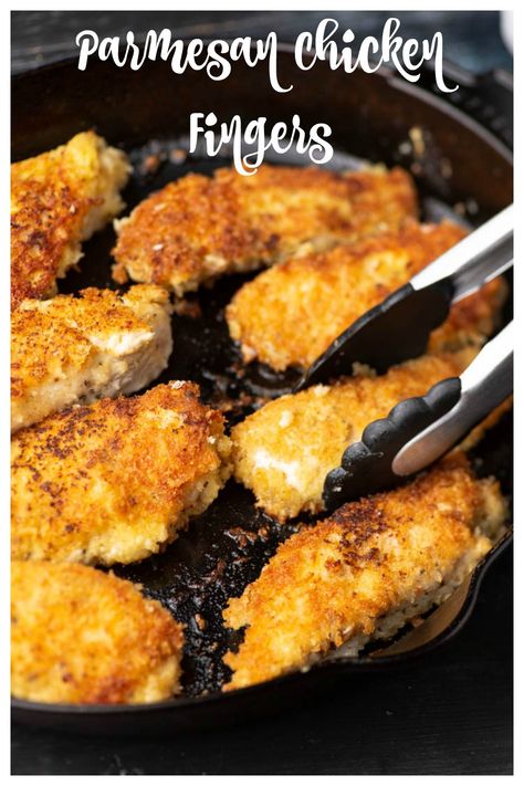 Parmesan Crusted Chicken Fingers are crispy on the outside but tender on the inside. In just 10 minutes you can make the best chicken fingers you can find. No more fast food on those busy weeknights. #butterandbaggage #chickenfingers #chicken #easydinner #weeknightdinner #parmesan Chicken Parmesan Tenders, Easy Parmesan Crusted Chicken, Parmesan Chicken Tenders, Pan Fried Chicken, Parmesan Crusted Chicken, Parmesan Chicken, Chicken Fingers, Parmesan Crusted, Crusted Chicken