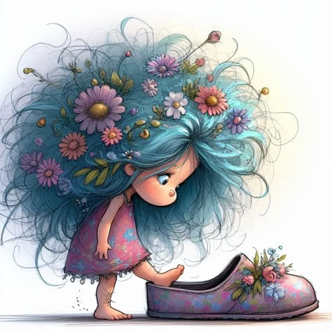 Big Slippers, Big Eyes Art, Fairy Artwork, Girl Stickers, Childrens Illustrations, Children's Book Illustration, Colorful Boho, Whimsical Art, Cute Illustration