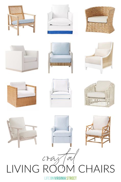 Coastal Living Room Chairs Coastal Living Room Chairs, Coastal Accent Chairs, Coastal Cottage Living Room, Coastal Chairs, Coastal Style Furniture, Small Lounge Chairs, Living Room Coastal, Life On Virginia Street, White Accent Chair