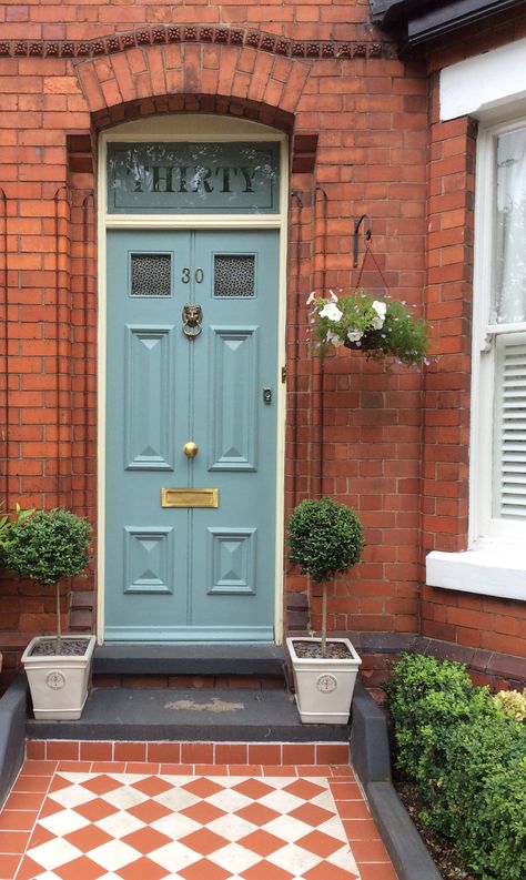 Victorian Tiled Front Door Step, Victoria Front Door, Oval Room Blue Front Door Farrow Ball, Victorian Terrace House Front Door, Front Door Terrace House, Terrace House Front Door, Farrow And Ball Blue Front Door, Victorian Front Door Ideas, Oval Room Blue Front Door