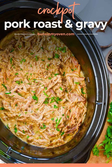 This crock pot pork roast is one of the easiest crock pot recipes ever! Just 3 ingredients and the gravy makes itself right in the slow cooker. You'll end up with tender, flavorful pork roast and gravy that's perfect over mashed potatoes, rice, or egg noodles! Pork Roast And Gravy, Pork Roast With Gravy, Roast And Gravy, Crock Pot Pork Roast, Pork Roast Crock Pot Recipes, Crockpot Pork Loin, Roast Gravy, Crockpot Pork Roast, Slow Cooker Pork Roast