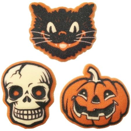 The vintage trio of the season are back and now available in an edible format! These Vintage Fright Dec-Ons are a great edible topper option for your Halloween creations this season by keeping the spooky extra sweet. Featuring our ominous black cat, skeleton and pumpkin, classic Halloween imagery is now sweeter than ever. Assortment might not include an equal number of each design. Dimensions: FRIGHT SUGAR: 1.75 x 1.55 x 0.30 inches Vintage Halloween Diy, Black Cat Skeleton, Beistle Halloween, Cat Skeleton, Little Misfortune, Edible Toppers, Cupcake Decorations, Halloween Rocks, Classic Halloween