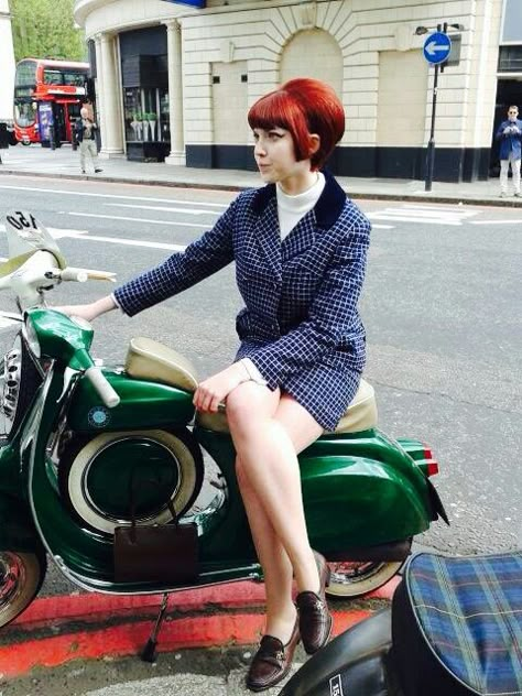 London mod girl.  Plain suit, loafers  a scooter. Plain Woman, Mod Scooter, Vintage Vespa, Vespa Girl, Lambretta Scooter, Mod Girl, Teddy Boys, Vespa Scooter, Vespa Vintage