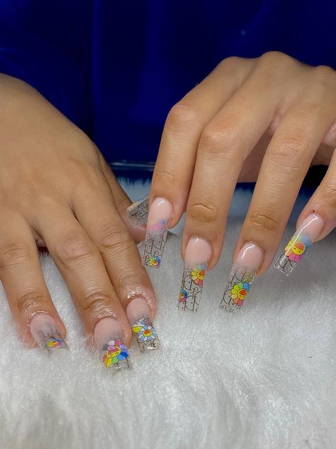 Takashi Flower Nails, Takashi Murakami Flower Nails, Clear Flower Nails, Murakami Flower Nails, Takashi Murakami Nails, Murakami Nails, Summer Flower Nails, Murakami Flower, Short Acrylic