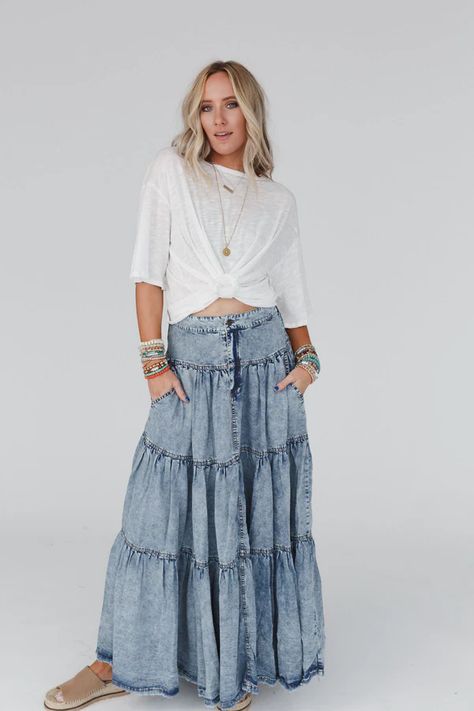 Bohemian Fashion for Women | Shop Affordable Women's Bohemian Style Clothing | Three Bird Nest Denim Skirt Boho Outfit, Flowy Denim Skirt Outfit, Boho Closet, Summer Thrift, White Jumpsuit Dress, Patchwork Clothes, Teacher Clothes, Three Bird Nest, Denim Skirt Outfits