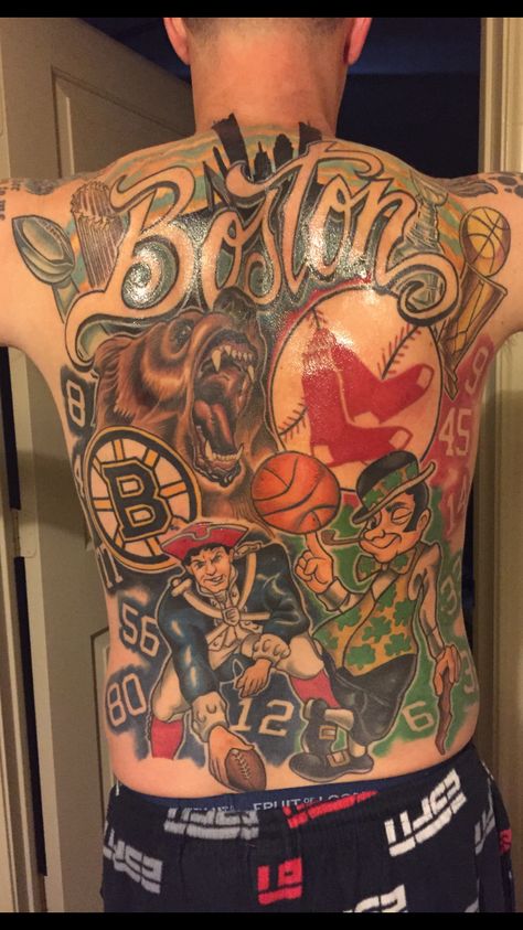 Boston Sports Tattoo Boston Sports Tattoo, Sports Sleeve Tattoo, Boston Celtics Tattoo Ideas, Chicago Sports Tattoo, Boston Celtics Tattoo, Patriots Tattoo, Boston Red Sox Tattoos, Red Sox Tattoo, Celtic Cross Tattoo