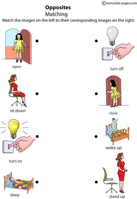 Kids Pages - Opposites Matching 1 Parenting Worksheets, Opposites Preschool, Opposites Worksheet, Worksheets For Preschoolers, Worksheet Preschool, Learning English For Kids, Kindergarten Worksheets Printable, Printable Preschool Worksheets, English Worksheets For Kids