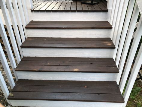 White And Brown Deck, Deck Stain And Paint Combo, Brown Stained Deck, Brown And White Deck, Deck Colors Ideas Paint Tan House, Deck Colors For White House, Deck Painting Ideas, Cedar Deck Stain, Deck Painting