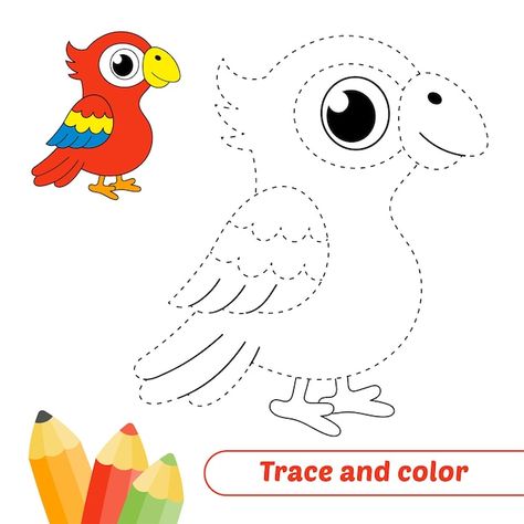 Trace and color for kids parrot vector | Premium Vector #Freepik #vector #tracing #activity-book #handwriting-practice #worksheet Trace And Colour Worksheet, Tracing And Coloring Worksheet, Trace And Color Worksheets For Kids, Tracing Drawing For Kids, Trace And Color Worksheets, Coloring Activity For Kindergarten, Parrot Worksheet, Parrot Drawing For Kids, Art Activities For Kindergarten