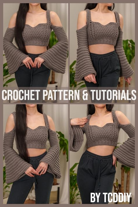 Make a statement with this elegant and stylish crochet garment pattern. This is sure to turn heads with its beautiful texture and fitted design. Crochet experts or beginners alike will appreciate the detailed step-by-step instructions and tutorial to find success in their creation. With this free tutorial, you can create this to wear for any occasion. Click for the pattern and start creating your masterpiece today! #crochet #crochetpattern #crochettutorial Crochet Bell Sleeve, Cold Shoulder Crop Top, Bell Sleeve Crop Top, Crop Top Pattern, Cable Stitch, Stylish Top, Crochet Clothes Patterns, Crochet Shirt, Modern Crochet