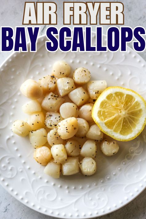 bay scallops in the white plate Bay Scallops In Air Fryer, Sea Scallop Recipes Air Fryer, Frozen Bay Scallop Recipes, Bay Scallops And Pasta, Small Scallops Recipe, Bay Scallop Recipes Easy, Scallops In Air Fryer, Scallops With Pasta, Bay Scallops Recipe