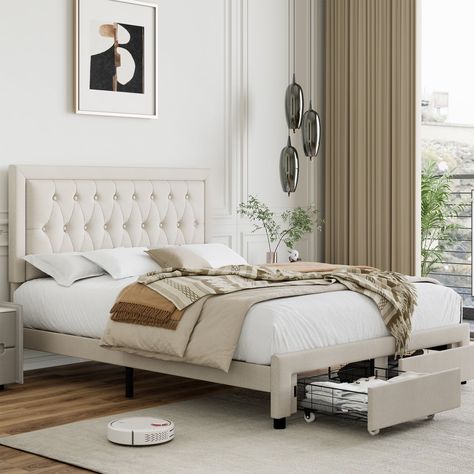 Buy Homfa Full Size 2 Storage Drawers Bed Frame, Linen Upholstered Platform Bed with Adjustable Button Headboard, Beige at Walmart.com Cream Upholstered Bed, Spare Bedding, Quilted Headboard, Bed Frame With Drawers, Led Bed Frame, Storage Platform Bed, Storage Platform, Bed Storage Drawers, Padded Headboard