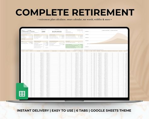 Your future starts today! 🌟 With our Complete Retirement planner, you can track your savings, investments, and net worth—all in one simple Google Sheets template. 📊 Plan for a secure and comfortable retirement by organizing your finances now. It’s never too early (or too late) to take control of your financial future! 💼 CompleteRetirement #RetirementPlanning #GoogleSheetsTemplates #FinancialFuture #SavingsGoals #InvestmentTracking #NetWorth #PlanForTheFuture #FinancialSecurity #MoneyManagemen... Retirement Budget, Retirement Finances, Retirement Planner, Retirement Calculator, Retirement Savings, Planning Template, Finance Tracker, Budget Tracker, Savings Tracker