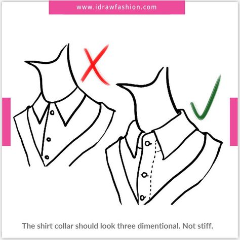 I Draw Fashion on Instagram: “The shirt collar should look three dimentional. Not stiff. . . . . #shirt #collar #dimension #dawclothes #howtodrawclothes  #howtoart…” How To Draw Shirt Collars, Spiked Collar Drawing, Collared Shirt Drawing Reference, Collar Drawing Reference, Drawing Collar, How To Draw Shirts, Collar Drawing, Collar Reference, I Draw Fashion