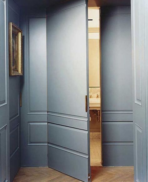 Secret Spaces: Hidden Doors in Paneled Walls | Get the Look Using Clare's Irony Trim Paint | Gray Paint Colors  #paint #painting #trimpaint #paintcolors Hidden Doors In Walls, Moving Walls, Door Plan, Hidden Spaces, Hidden Rooms, Secret Door, Hidden Door, Closet Door, Secret Rooms