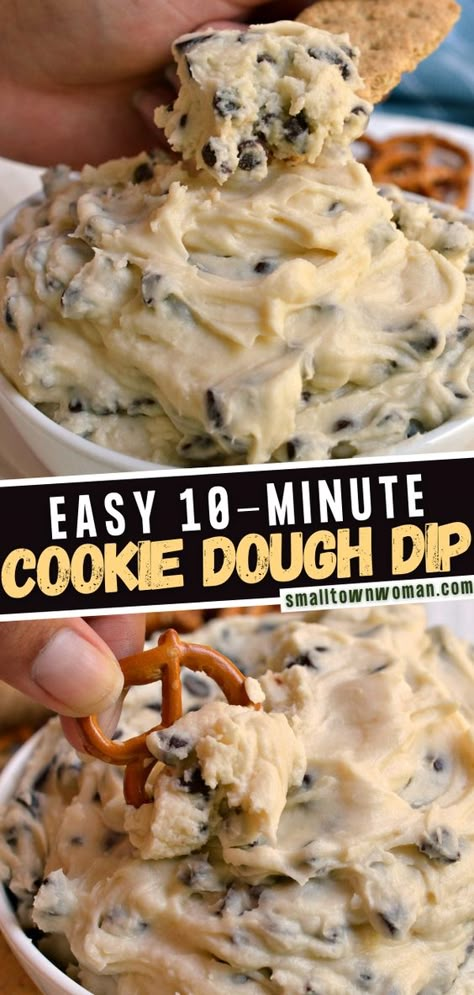 A quick and easy dessert dip ready in less than 10 minutes! This delicious Cookie Dough Dip is fun, easy, is sure to be the hit at your next party. It is perfect for family reunions, potlucks and gatherings. Serve with pretzels for a sweet and salty combo or with fresh fruit! Easy Cookie Dough Dip, Potluck Snacks, Easy Dessert Dips, Easy Cookie Dough, Dessert Dip Recipes, Easy Potluck, Cookie Dough Dip, Dessert Dip, Sweet Dips