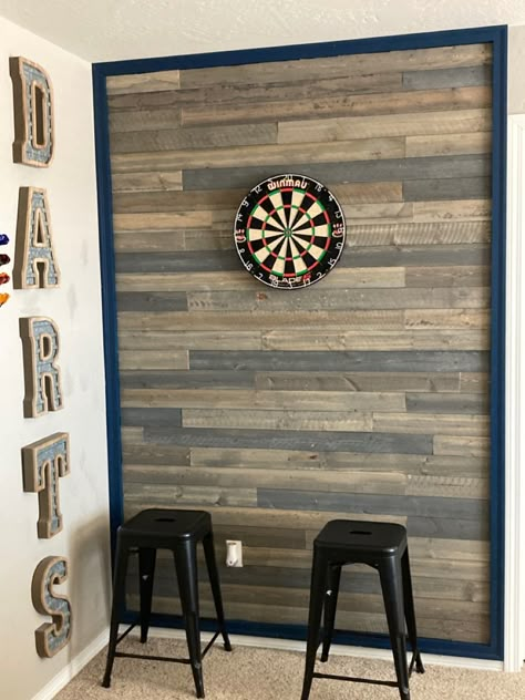 Cork Wall For Dart Board, Indoor Dart Board Wall, Home Dartboard Setup, Shiplap Dartboard Wall, Basement Dart Board Wall, Farmhouse Game Room Ideas, Dart Board Backboard Diy, Dart Board Wall Diy, Dart Board Wall Ideas