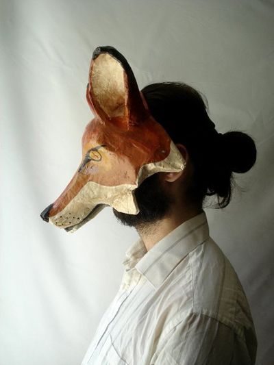 Animal masks made out of paper-mache and recycled materials. - Lexie Paper Mache Mask, Fox Mask, Mr Fox, Animal Masks, Arte Popular, Animal Heads, Art And Craft, Halloween Masks, Old Art