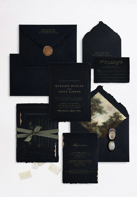 Semi-Custom Wedding Invitations | Papira Dark Elegant Wedding Invitations, Dark Green Invitation Wedding, Wedding Invitations Gothic, Wedding Invitations Aesthetic, Moody Branding, Dark Academia Wedding, Wedding Invites Elegant, Dark Wedding Invitations, Moody Wedding Invitations