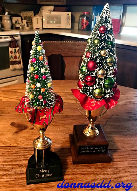 Christmas Trophy Diy, Ugly Christmas Sweater Trophy Diy, Diy Christmas Trophy Ideas, Ugly Sweater Trophy Diy, Christmas Trophy Ideas, Repurpose Trophies, Repurposed Trophies, Diy Trophies, Work Christmas Ideas