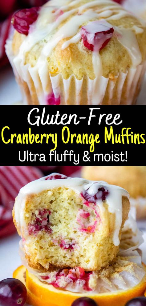 Discover an easy tip to make the best, moist, and extra fluffy gluten-free cranberry orange muffins recipe! They have an extra boost of zesty flavor from an orange glaze frosting and can be made with fresh, frozen, or even dried cranberries. Dairy-free modifications included. Gluten Free Cranberry Muffins, Gluten Free Cranberry Bread, Cranberry Orange Muffin Recipe, Cranberry Recipes Muffins, Orange Muffin Recipe, Gluten Free Scones, Cranberry Orange Muffins, Orange Muffins, Gf Baking