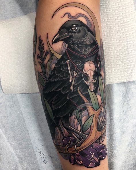 Witchy crow with sage and crystals, thanks to Sabrina for putting up with me for six hours, I certainly had a great day! :) Crow Arm Tattoo, Raven Moon Tattoo, Raven Tattoo Ideas Women, Moon Sleeve Tattoo, Sage And Crystals, Crow Tattoo Meaning, Crow Moon, Crow Tattoos, Crow Tattoo Design