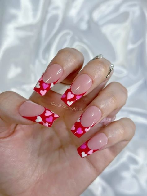 Pink Heart Design French tip Coffin Nails Medium Nails Valentines Day, Short Square Heart Nails, Valentines Day French Tip Nails Short, Girly Acrylics, Nails Sets, French Pink, February Nails, Nail Prep, Nail Sets