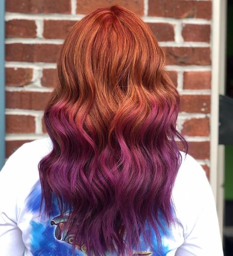 @hairbyteeshwatkins purple copper hair highlights balayage ombré deviant candy tragic waves red pulpriothair” Purple Copper Hair, Copper And Purple Hair, Copper Hair Highlights, Red Purple Hair, Ginger Hair Dyed, Purple Hair Highlights, Dipped Hair, Purple Balayage, Purple Ombre Hair