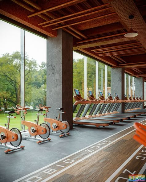 Women Gym Interior Design, High End Gym Design, Gym Architecture Design, Sport Center Design, Sports Center Architecture, Gym Exterior, Indoor Outdoor Gym, Commercial Gym Design, Gym Architecture