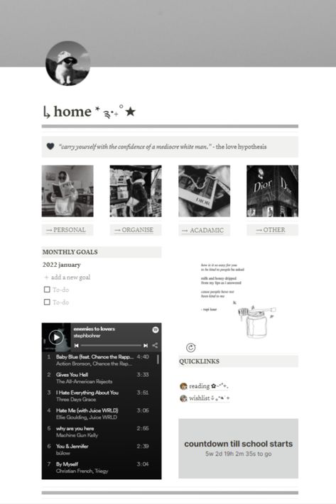 Notion White Aesthetic, Black Notion Cover, Notion Template Ideas Aesthetic Black, Notion Header Minimalist, Notion Layout Minimalist, Notion Aesthetic Minimalist, Minimalistic Notion Templates, Notion Aesthetic Black And White, Minimalistic Notion