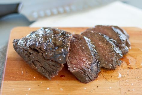 Kangaroo steak, an incredibly lean red meat, can be really dry and tough when cooked traditionally. When cooked with the Anova Sous Vide Precision Cooker, however, it becomes much more tender and flavorful. The red wine acts as a marinade, which helps temper the gaminess of the meat. Lean Red Meat, Squirrel Recipes, Kangaroo Steak, Anova Sous Vide, Squirrel Food, Sous Vide Recipes, Marinade Recipes, Indigenous Art, Red Meat